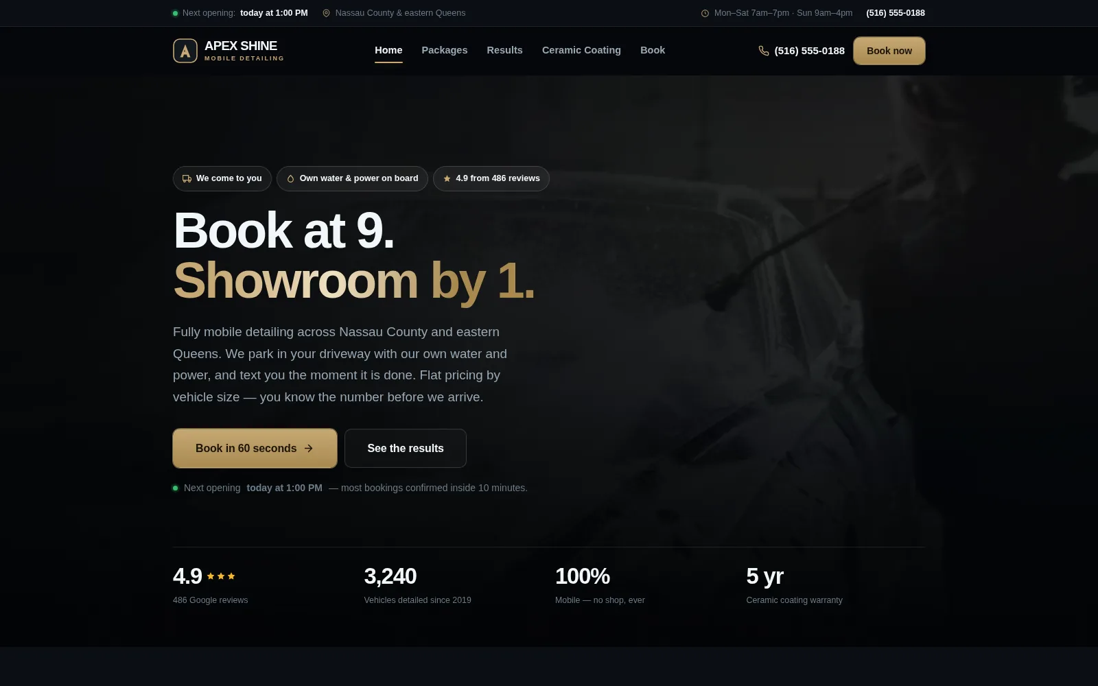 The Apex Shine Detailing homepage: a near-black hero in cyan with the headline 'Book at 9. Showroom by 1.' and a sixty-second booking call to action.